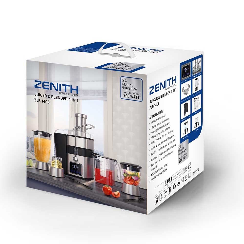 آبمیوه‌گیری چهارکاره دیجیتال لمسی استیل زنیت مدل ZJB-1406