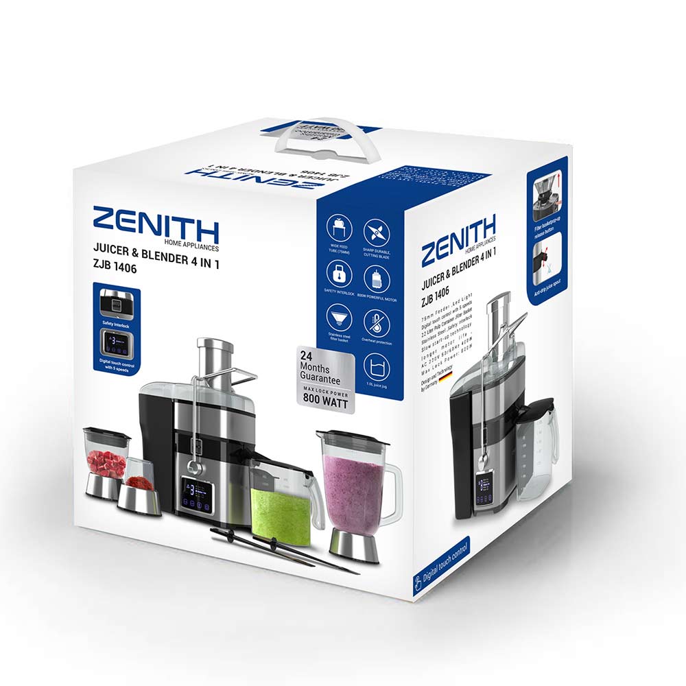 آبمیوه‌گیری چهارکاره دیجیتال لمسی استیل زنیت مدل ZJB-1406